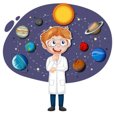 Scientist boy on solar system background illustration