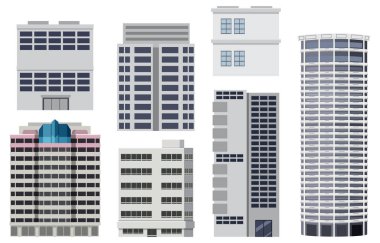 Different buildings set on white background illustration
