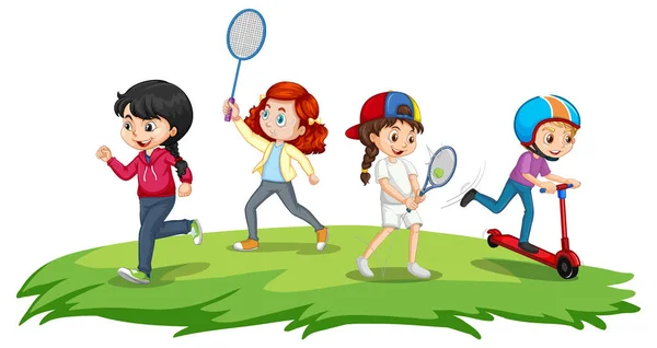 Happy Children Playing Different Sports Illustration — Stock vektor