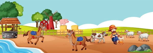 Cartoon Farm Horizontal Scene Illustration — Stock Vector