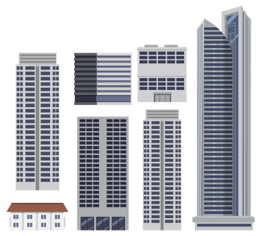 Different buildings set on white background illustration