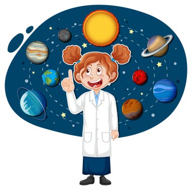 Scientist girl on solar system background illustration