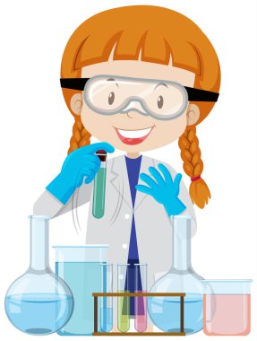 Kimyasal deney çizimi yapan bilim kadını.