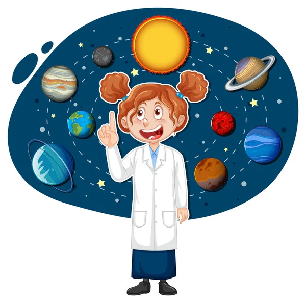 Scientist Girl Solar System Background Illustration — Stock Vector