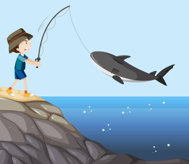 Boy fishing baby shark cartoon character illustration