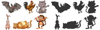 Set of cartoon animals with silhouette illustration
