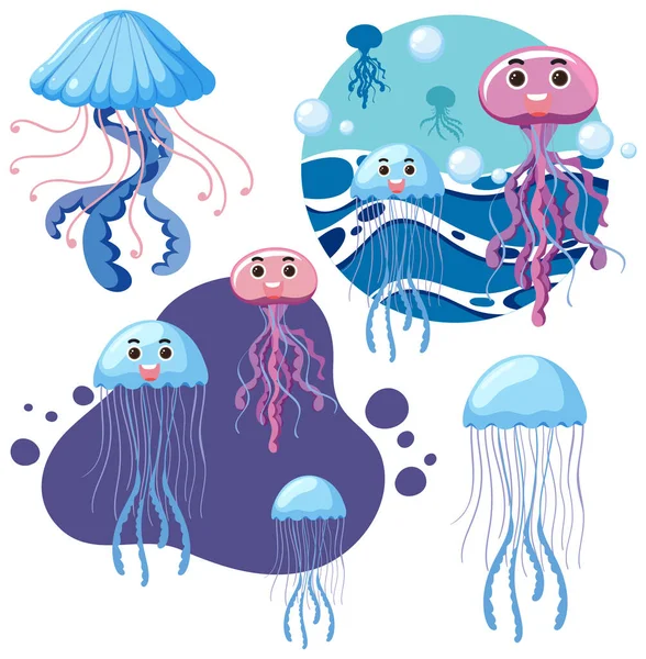 Conjunto Ilustración Personajes Dibujos Animados Medusas — Vector de stock