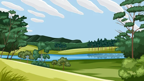 Landscape Green Grass Field River Illustration — Stock Vector