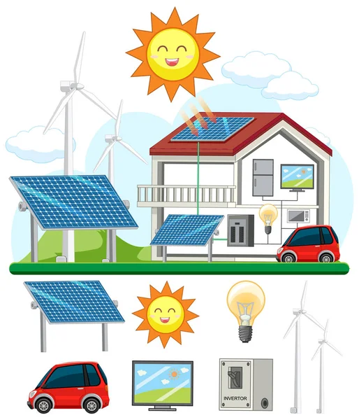 Groene Energie Concept Met Zonnepanelen Windturbines Illustratie — Stockvector