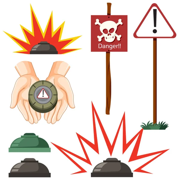 Minefield Danger Mine Zone Sign Set Illustration — ストックベクタ