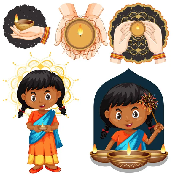 Conjunto Misturar Objetos Diwali Ilustração — Vetor de Stock
