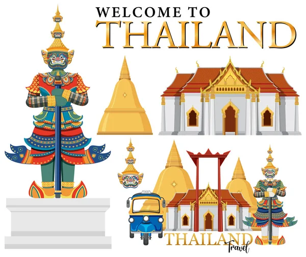 Set Elements Thailand Tourist Attraction Illustration — Stockvector