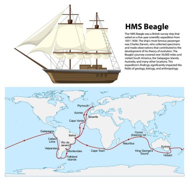 HMS Beagle gemisi ve haritası Charles Darwin illüstrasyonu
