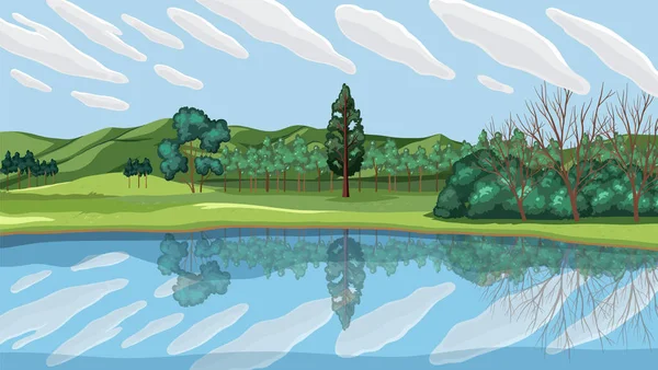 Illustration Reflet Des Arbres Dans Paysage Fluvial — Image vectorielle