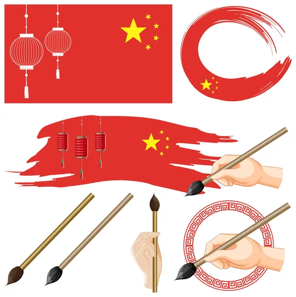 Κινεζική Σημαία Σύμβολο Πινέλο Μελάνι Σύνολο Εικονογράφηση — Διανυσματικό Αρχείο