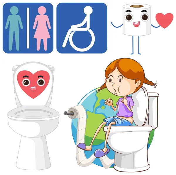 Toaletní Kreslené Ikony Sada Pro Koupelnové Výzdoba Nápis Ilustrace — Stockový vektor