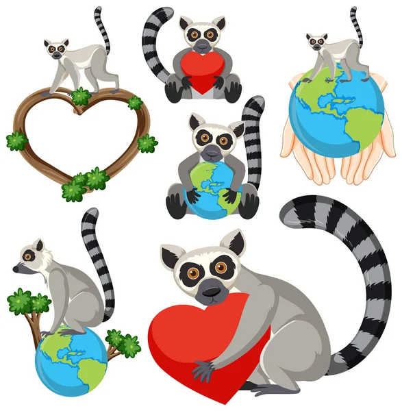 Conjunto Lemur Desenho Animado Ícone Ilustração —  Vetores de Stock