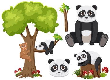 Bir dizi panda çizgi film karakteri çizimi