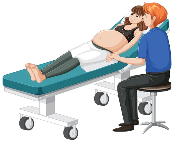 病院のベッドに寝そべっている妊婦と夫のイラスト — ストックベクタ