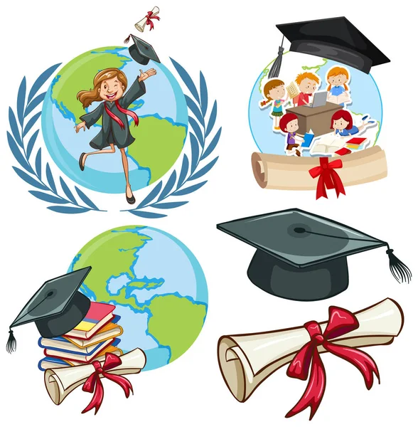 Earth Graduation Cartoon Icons Set Illustration — Stock Vector