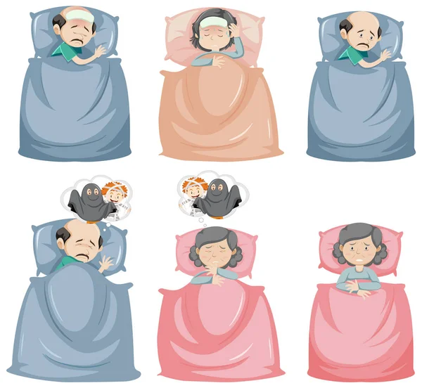 Uppsättning Äldre Människor Sjuka Sängen Illustration — Stock vektor