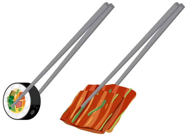Kimchi Gimbap Pairing Chopsticks Illustration — Stock Vector