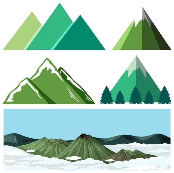 Ensemble Montagnes Dans Illustration Icône Style Différent — Image vectorielle
