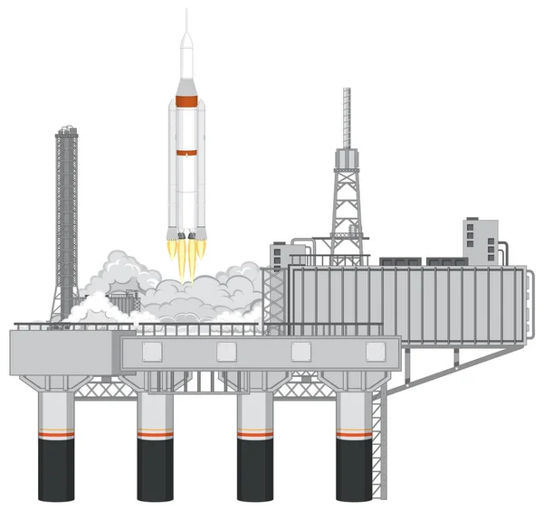 Área Lanzamiento Del Puerto Espacial Con Ilustración Lanzamiento Cohetes — Vector de stock