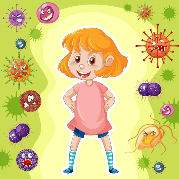 Girl Surrounded Germs Background Illustration — Vector de stock