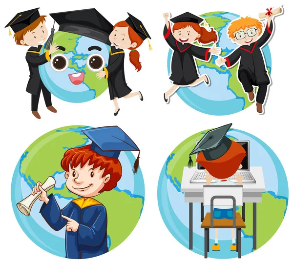 Earth Graduation Cartoon Icons Ορισμός Εικονογράφηση — Διανυσματικό Αρχείο
