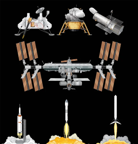 Space Satellite Vector Set Illustration — Stock Vector