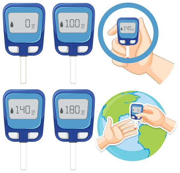 Collection Glucometers Blood Sugar Monitoring Illustration — 스톡 벡터
