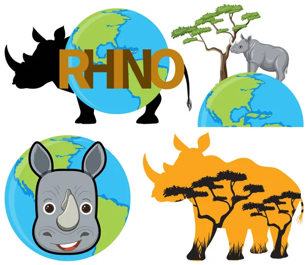 Set Rhinoceros Animal Icon Illustration — Stock Vector