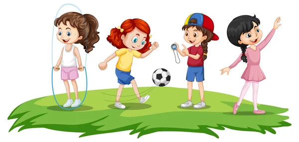 Happy Children Playing Different Sports Illustration — Archivo Imágenes Vectoriales