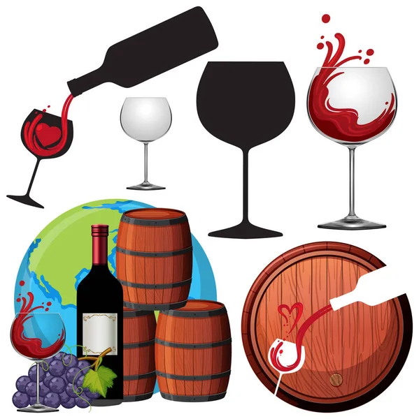 Set Mix Illustrazione Vino Rosso — Vettoriale Stock