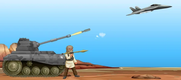 Brave Soldier Fighting Dalam Ilustrasi Battlefield - Stok Vektor