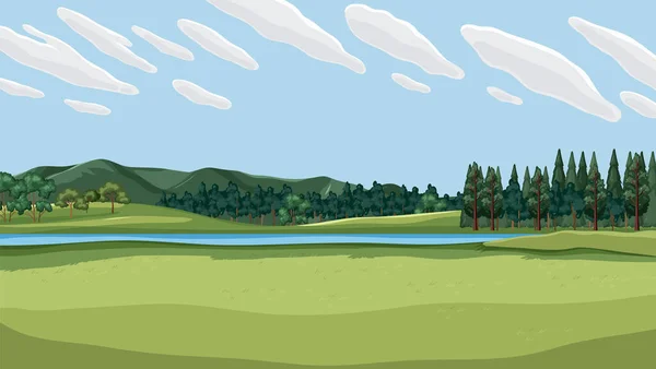 Τοπίο Ενός Τομέα Πράσινο Γρασίδι Και Μπλε Ουρανό Εικονογράφηση — Διανυσματικό Αρχείο