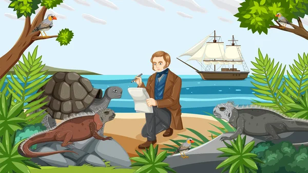 Charles Darwin Expedition Till Galapagos Koncept Illustration — Stock vektor