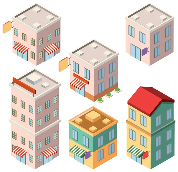 Izometrické Budovy Domy Set Ilustrace — Stockový vektor