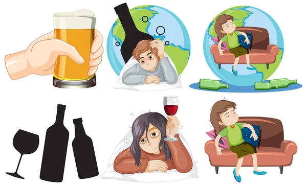 Illustration Personnes Malsaines Avec Des Boissons Alcoolisées — Image vectorielle