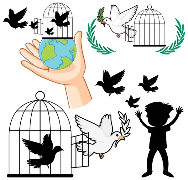Mix Set Illustrazione Libertà Uccello — Vettoriale Stock