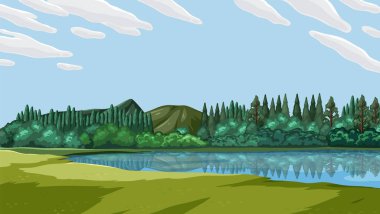 Green Grass Field ve River illüstrasyonunun manzarası