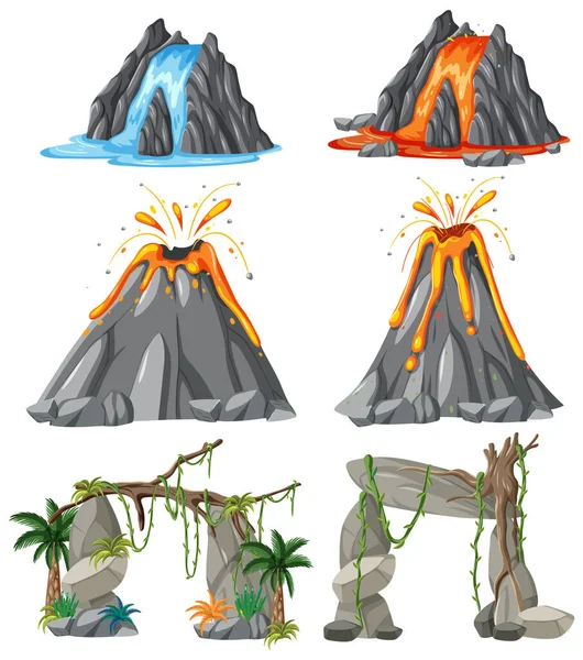 Kitörő Vulkán Vektor Készlet Illusztráció — Stock Vector