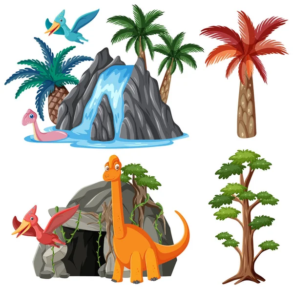 Dinosaurier Och Naturliga Element Vektor Samling Illustration — Stock vektor