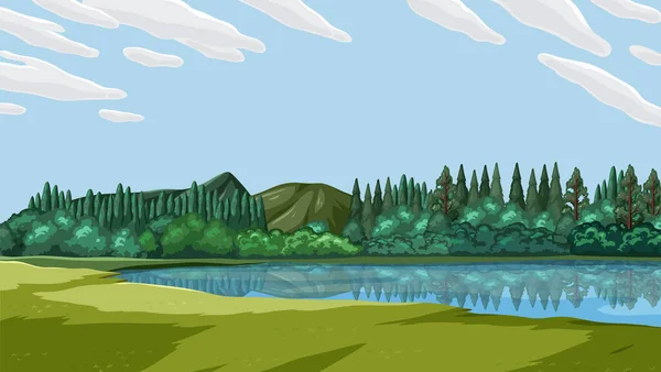 Landschap Van Een Green Grass Field River Illustratie — Stockvector