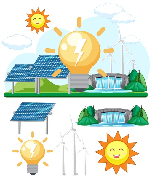 Concept Énergie Verte Avec Panneaux Solaires Éoliennes Illustration — Image vectorielle