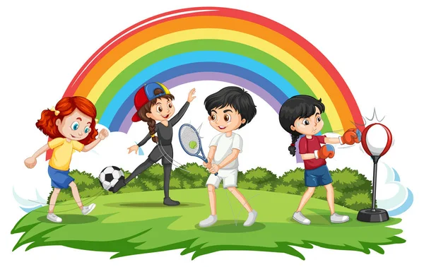 Happy Children Playing Different Sports Illustration — Διανυσματικό Αρχείο