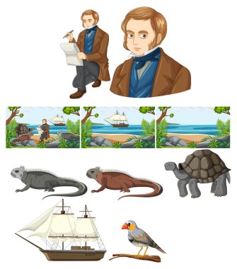 Set of mix charles darwin with animal illustration clipart