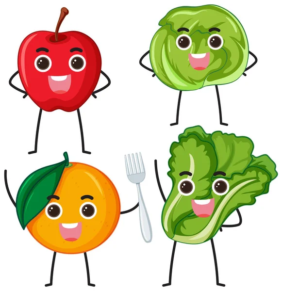 Conjunto Personajes Dibujos Animados Frutas Verduras Con Una Cara Sonriente — Vector de stock