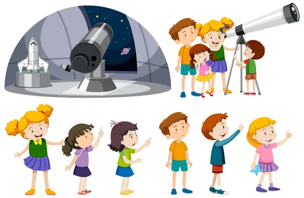Грайливі Діти Допомогою Телескопів Векторна Колекція Ілюстрація — стоковий вектор